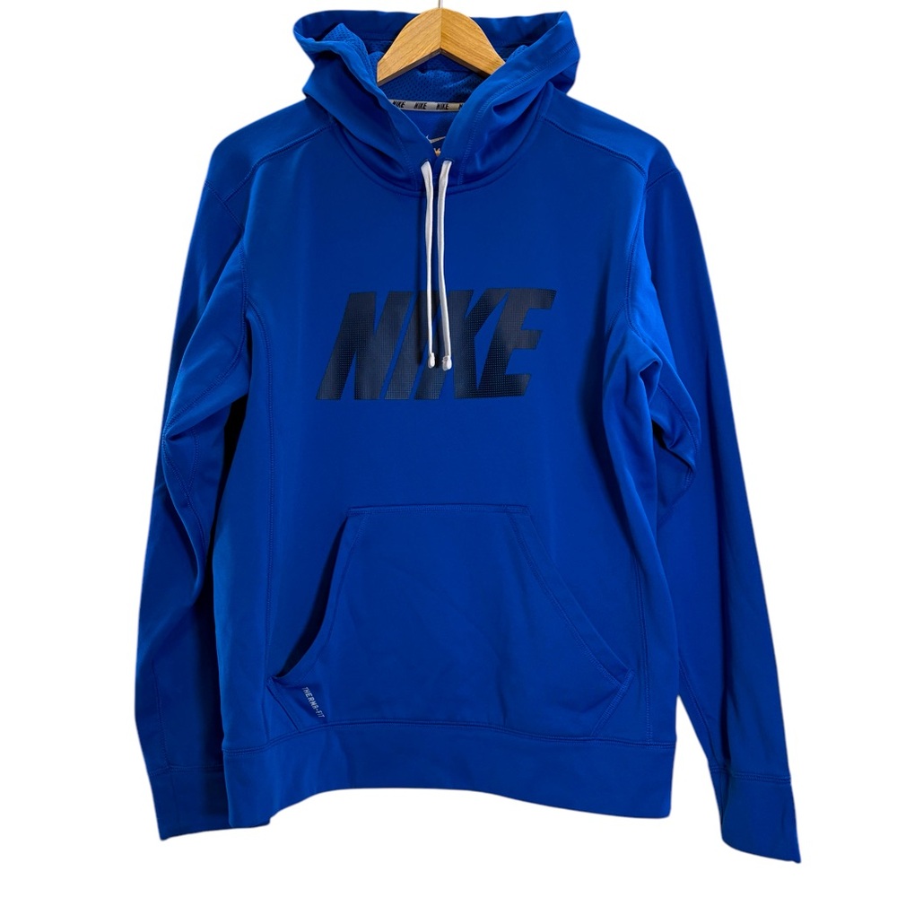 Nike Therma-Fit Royal Blue Black Graphic Logo Sweatshirt Hoodie, Size Small